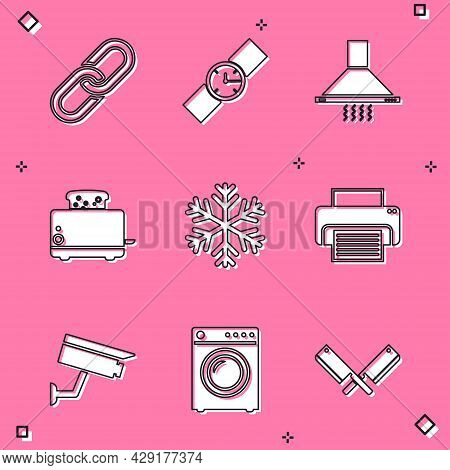 Set Chain Link, Wrist Watch, Kitchen Extractor Fan, Toaster With Toasts, Snowflake And Printer Icon.