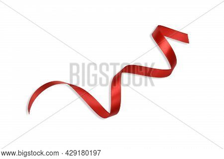Clipping Path. Top View(flat Lay) Of Red Ribbon Isolated On White Background. Red A Bow With Straigh