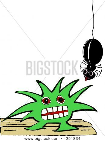 Beispiel für ein grünes Monster mit freundlichen schwarzen Spinne