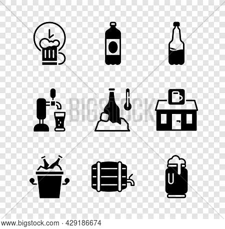Set Happy Hour, Plastic Beer Bottle, Beer Bottles In Ice Bucket, Wooden Barrel On Rack, Can With Foa