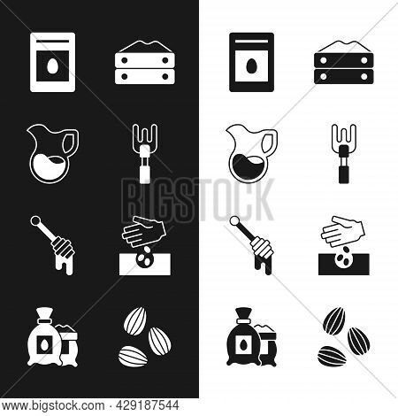 Set Garden Rake, Jug Glass With Milk, Pack Full Of Seeds Of Plant, Bag Flour, Honey Dipper Stick, Se