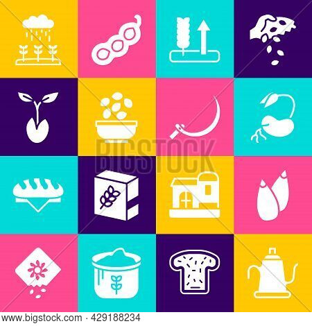 Set Watering Can, Seed, Sprout, Wheat, Seeds Bowl, Plant Sprouts Grow The Rain And Sickle Icon. Vect