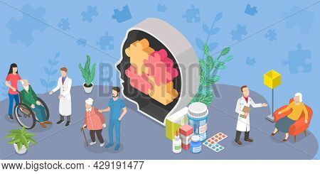 3d Isometric Flat Vector Conceptual Illustration Of Alzheimer Disease, Memory Loss Treatments