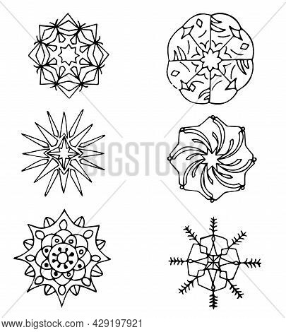 Snowflake In Doodle Style. Set. Winter. Christmas And New Year. Vector Stock Illustration Isolated O