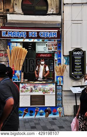 Ice Cream Parlor In Istanbul. Ice Cream Seller. July 11, 2021, Istanbul, Turkey.