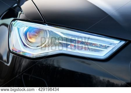 Grodno, Belarus - December 2019: Audi A6 4g C7 Luxury Black Car Parts Right Front Headlight And Fog 