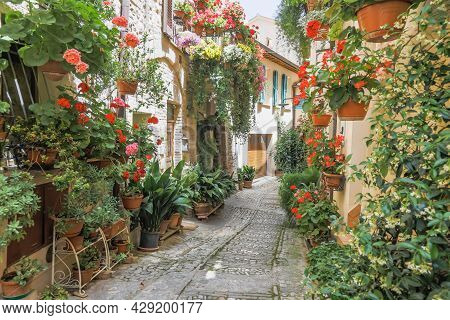 Spello, Italy - Circa June 2021: Flowers In Ancient Street. Spello Is Located In Umbria Region, Ital