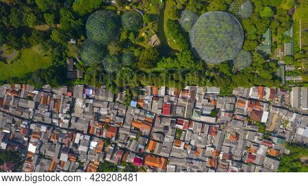 Aerial View Of Taman Mini Indonesia Indah As National Landmark In Indonesia With Noise Cloud. Jakart
