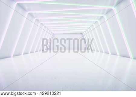 White Futuristic Interior With Neon Lights. Design Concept. 3d Rendering