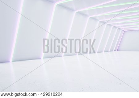 White Futuristic Room Interior With Neon Lights. Design Concept. 3d Rendering