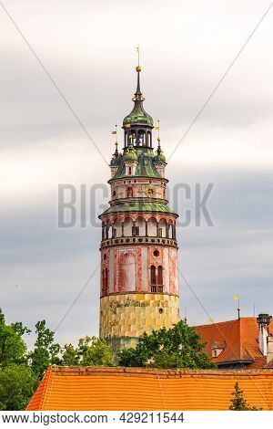 Colorful And Ornamental Tower Of Cesky Krumlov Castle. Cesky Krumlov, Czech Republic.