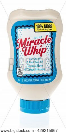 Winneconne, Wi -28 July 2021:  A Bottle Squeezable Miracle Whip Light Dressing On An Isolated Backgr