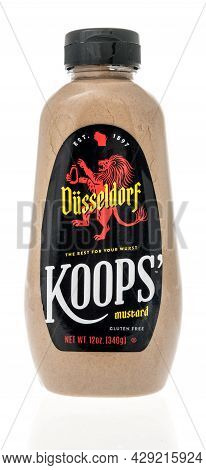 Winneconne, Wi -8 August 2021:  A Bottle Of Koops Dusseldorf Mustard On An Isolated Background