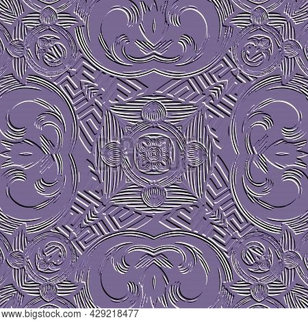 Embossed 3d Floral Seamless Pattern. Greek Emboss Background. Violet Textured Repeat Backdrop. Surfa