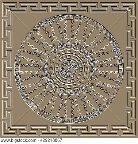 Embossed 3d Square Frame And Mandala Pattern. Ancient Emboss Background. Textured Backdrop. Surface 