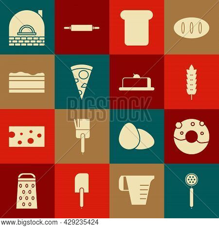 Set Strainer Spoon, Donut With Sweet Glaze, Cereals Rice, Wheat, Corn, Oats, Rye, Bread Toast, Slice
