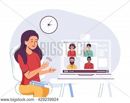 Young Woman Leads Video Conference. Girl Is Chatting With Friends By Video Link