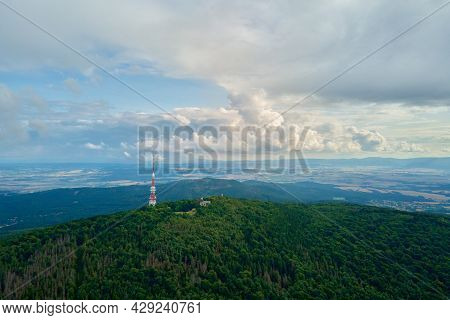 Aerial View Of Beautiful Landscape In Mountains With Forest. Sleza Mountain Near Wroclaw In Poland. 