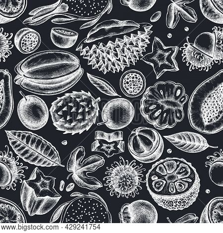 Seamless Pattern With Hand Drawn Chalk Papaya, Guava, Passion Fruit, Starfruit, Durian, Rambutan, Pi