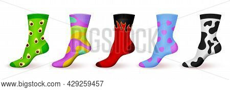 Realistic Ornamented Socks. Patterned Colored Design Comfortable Cotton Foot Clothes, Kids And Adult