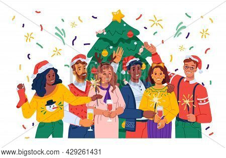 People Celebrating Xmas And New Year By Pine Tree Decorated With Star And Baubles. Men And Women, Fr