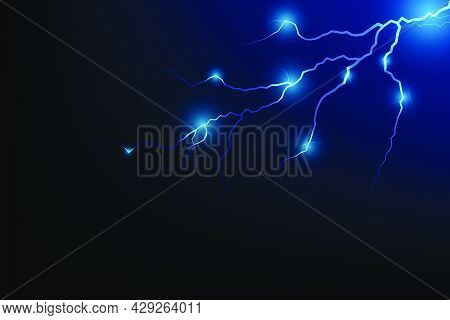 Vector Illustration Of Abstract Blue Lightning On Black Background. Blitz Lightning Thunder Light Sp
