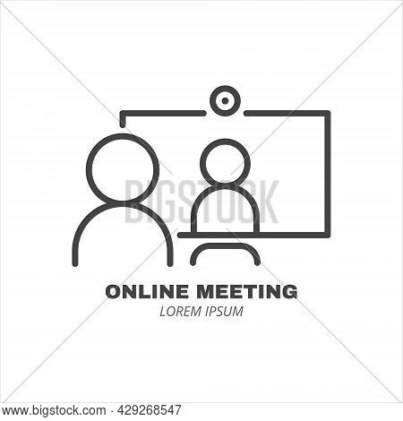Computer With Two People Conferencing, Online Meeting Line Icon Isolated. Video Conference Concept. 