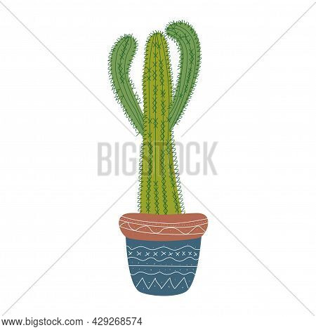 Hand Drawn Green Cereus Cactus In Blue Pot With White Ethno Pattern Isolate On White Background