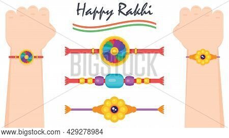 Top View Of Man's Hand Wearing Rakhi On Raksha Bandhan Day. Different Designs Of Rakhi. Flat Design 