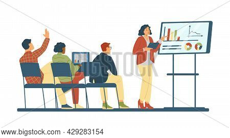 Concept Of Meeting, Business Presentation, Training In Flat Vector Illustration