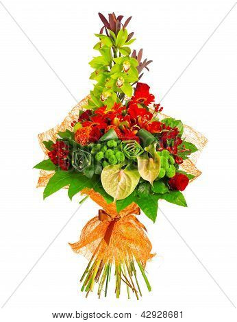 Kytice růže, gerbera, orchidej a Anturie