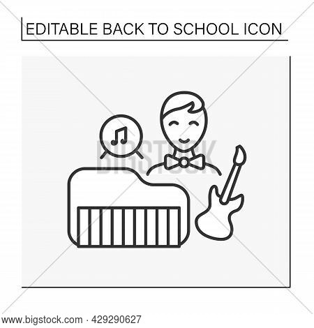 Music Lesson Line Icon. Schoolboy Return To School. After School Activity. Playing On Music Instrume
