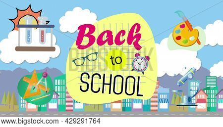 Image of Back To School text with multiple school items icons over cityscape moving on seamless loop in the background. Education back to school concept digitally generated background.