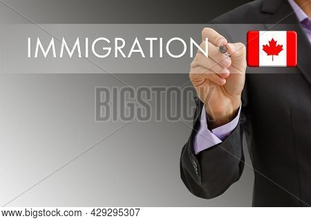 Concept Of Immigration To Canada With Virtual Button Pressing