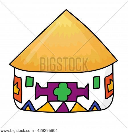 Hand Drawn Doodle African National Hut. Ndebele Tribal Dwelling. Simple Thatched Roof And Walls With