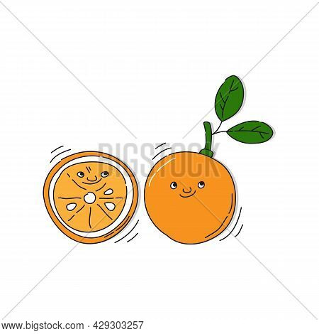 Orange Fruit With Smile On White Background. Whole Citrus Fetus And Its Half. Cartoon Sketch. Doodle