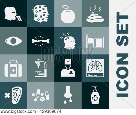 Set Liquid Antibacterial Soap, Lungs X-ray, Hospital Bed, Apple, Bone Pain, Blindness, Vomiting Man 