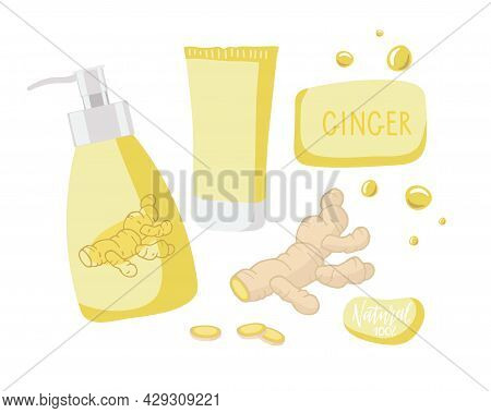 Natural Cosmetics With Ginger. Ginger Root, Cream Or Scrub, Shampoo Or Lotion Jar And Tubes, Soap. B