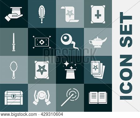 Set Ancient Magic Book, Three Tarot Cards, Magic Lamp Or Aladdin, Carpet, Wand, Magician Hat Hand An