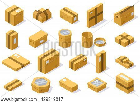 Isometric Cardboard Packaging Shipping Boxes. Postal Delivery Package, 3d Carton Boxes Vector Illust