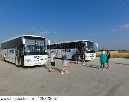 Antalya, Turkey - May 20, 2021: Many Pegas Coach Buses Waiting For The Tourists Coming To Turkey To