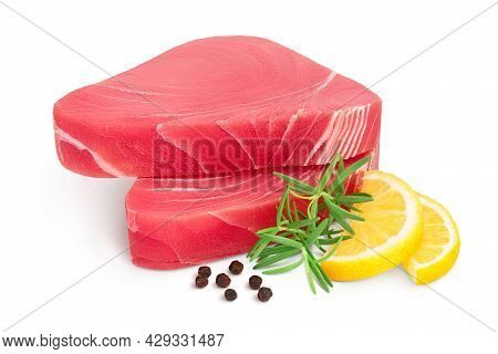 Fresh Tuna Fish Fillet Steak With Rosemary, Lemon And Peppercorns Isolated On White Background With 