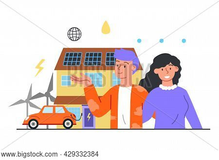 Electric Car Parking Charging At Home Wall Box Charger Station On House. Renewable Energy Storage Wi