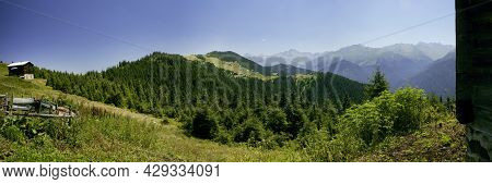 Turkey, Rize, Pokut Plateau, Historic Plateau Houses And Nature View, Panoramic View