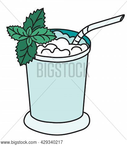Stylish Hand-drawn Doodle Cartoon Style Mint Julep Cocktail Metal Chrome Silver Mug With A Straw Vec