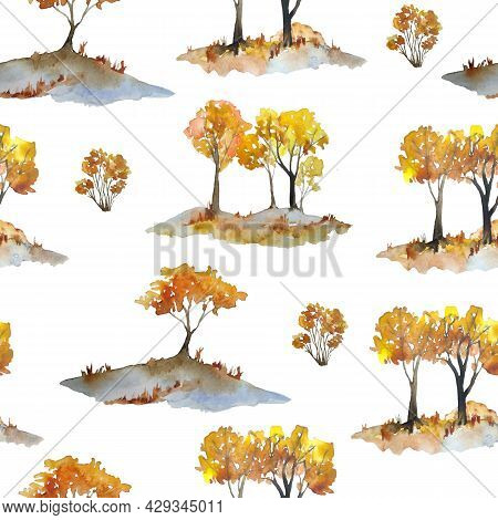 Watercolor Hand Drawn Seamless Pattern With Fall Autumn Landscape With Mountains Sky Orange Grass Bu