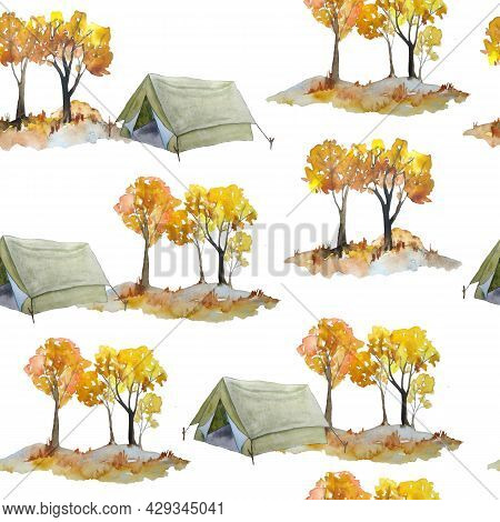 Watercolor Hand Drawn Seamless Pattern With Fall Autumn Landscape With Mountains Sky Orange Grass Bu