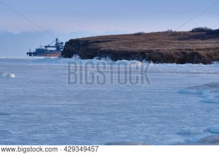 Vanino, Russia - Jan 18, 2021: Vanino Bay In The Tatar Strait In Winter. The Frozen Sea.