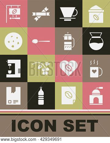 Set Manual Coffee Grinder, Coffee Cup And Heart, Pour Over Maker, V60, Spoon, Cookie Or Biscuit, Str