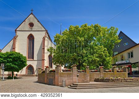 Mosbach, Germany - June 2021: Church Called 'mosbach Abbey' Or 'stiftskirche St. Juliana' At Town Sq
